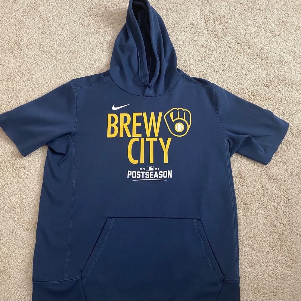 Milwaukee Brewers Mens Large Nike Authentic Brew City Short Sleeve Hoodie